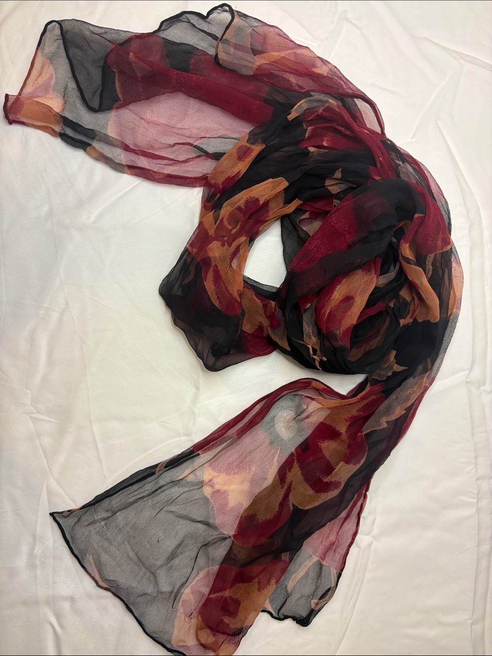 Women's Sheer Floral Scarf - Burgundy, Black & Tan - Picture 2 of 7